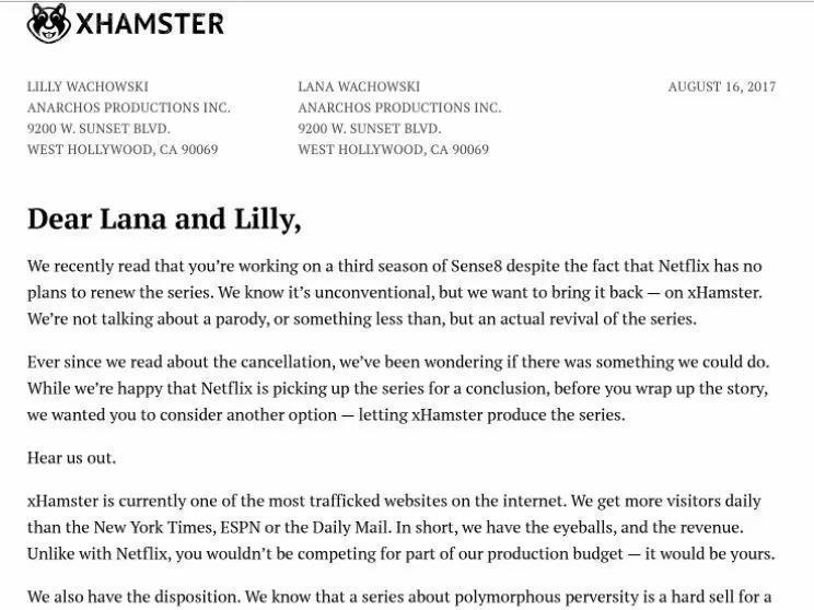 Порноресурс xhamster предложил Лане и Лилли Вачовски оплатить производство третьего сезона Sense 8